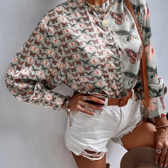 boho Sage butterfly Print button up blouse Boyfriend - Picture 3 of 5